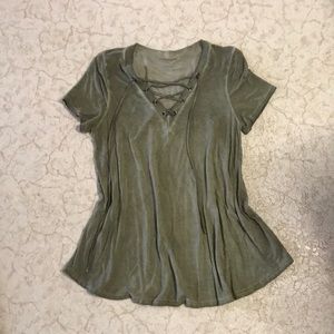 Olive short sleeve flowy shirt.